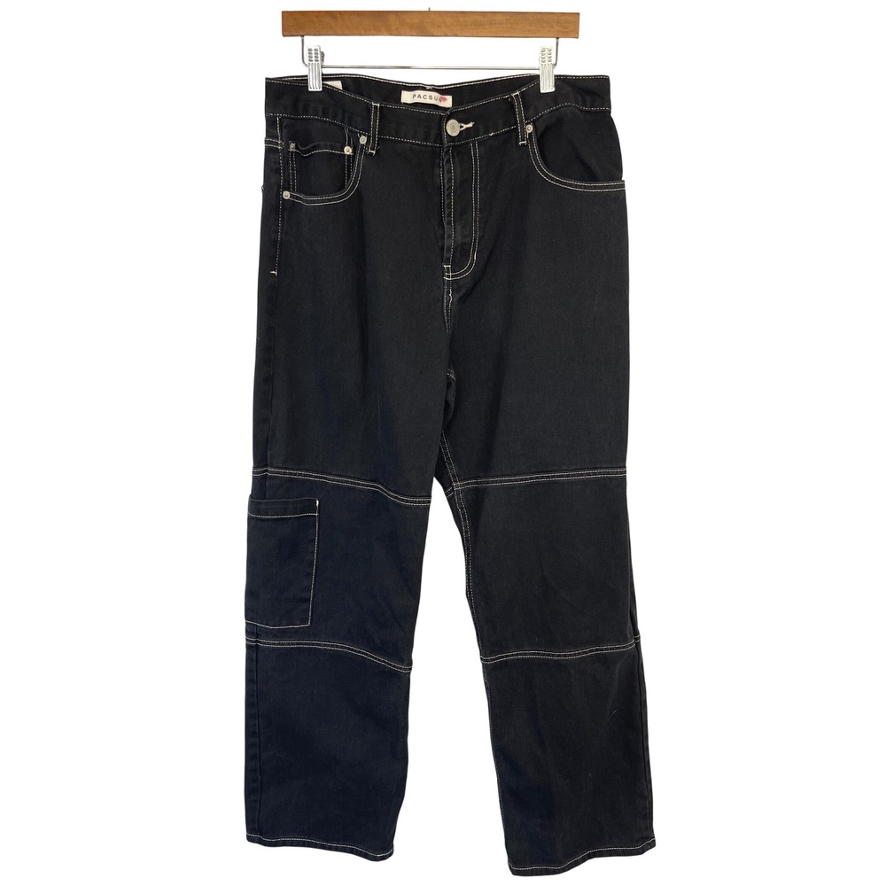 PacSun Mens Baggy Carpenter Jeans 34x32 Black HEAVY Denim Skater Grunge Utility